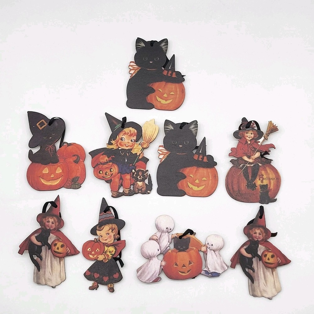 Vintage Style Halloween Wooden Ornaments Witch Cat Pumpkin 3.5" Set of 9